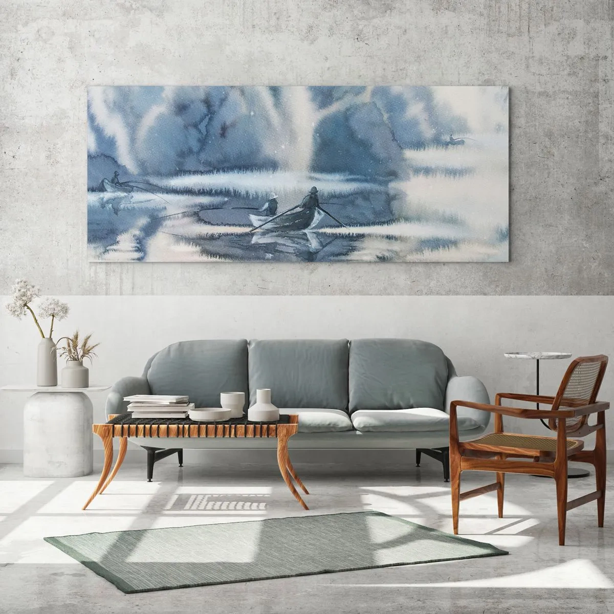 Glasbild - Bild auf glas - Aquarelllandschaft mit Booten auf einem See, umgeben von einem nebligen Wald - 120x50cm - Angler in ihrem Paradies - Moderne Wanddekoration für Wohnzimmer und Schlafzimmer ARTTOR