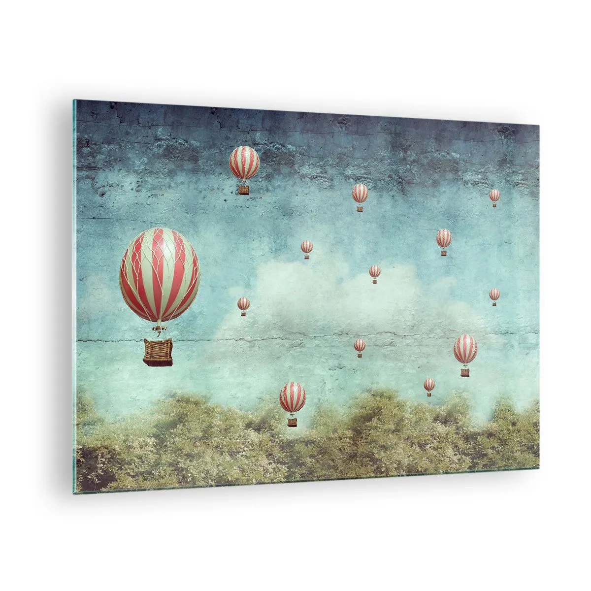 Glasbild - Bild auf glas - Ballons schweben über einer grünen Landschaft - 70x50cm - Frei von der Hektik des Lebens - Moderne Wanddekoration für Wohnzimmer und Schlafzimmer ARTTOR