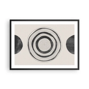 Poster in einem schwarzem Rahmen - Minimalistische schwarz-weiße Kreise auf hellem Hintergrund - 70x50cm - Wichtig ist, was dazwischen liegt - Moderne Wanddekoration für Wohnzimmer und Schlafzimmer ARTTOR