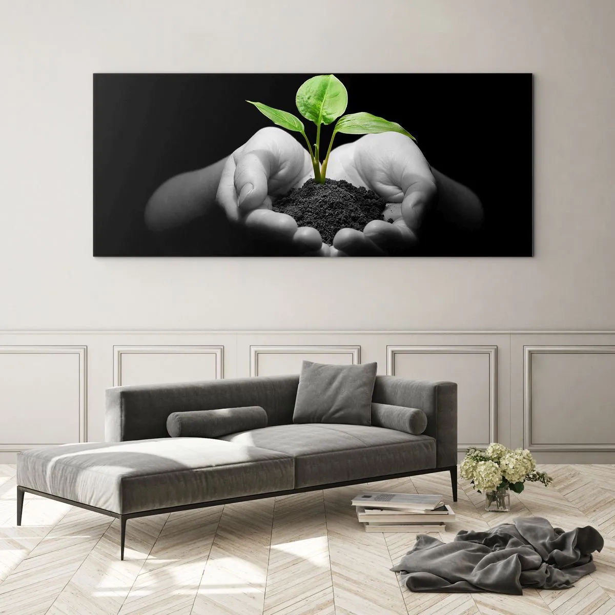 Glasbild - Bild auf glas - Hände halten eine grüne Pflanze auf schwarzem Hintergrund - 140x50cm - Ich liebe die Natur, ich beschütze sie - Moderne Wanddekoration für Wohnzimmer und Schlafzimmer ARTTOR