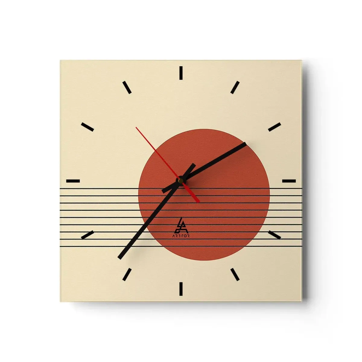 Wanduhr - Glasuhr - Abstrakter roter Kreis mit Linien auf beigem Hintergrund. - 30x30cm - Immer wieder und weiter - Moderne Wanddekoration für Wohnzimmer und Schlafzimmer ARTTOR