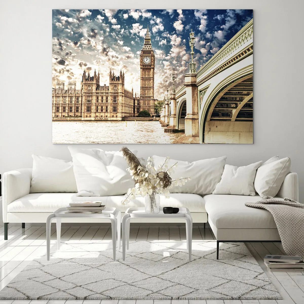 Glasbild - Bild auf glas - Big Ben und Westminster Bridge in London - 120x80cm - Federwolken über der Themse - Moderne Wanddekoration für Wohnzimmer und Schlafzimmer ARTTOR