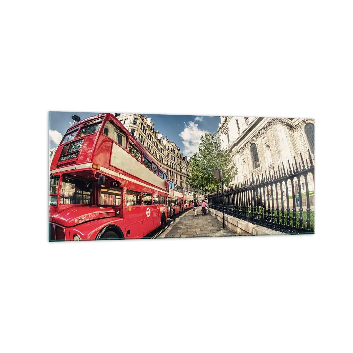 Glasbild - Bild auf glas - Roter Doppeldeckerbus in London in der Nähe der Straße und der Kathedrale - 120x50cm - Londoner Straße in Grau und Rot - Moderne Wanddekoration für Wohnzimmer und Schlafzimmer ARTTOR