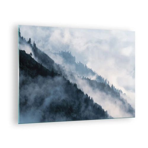 Glasbild - Bild auf glas - Nebliges Bergpanorama mit dunklem Wald - 70x50cm - Mystik der Berge - Moderne Wanddekoration für Wohnzimmer und Schlafzimmer ARTTOR