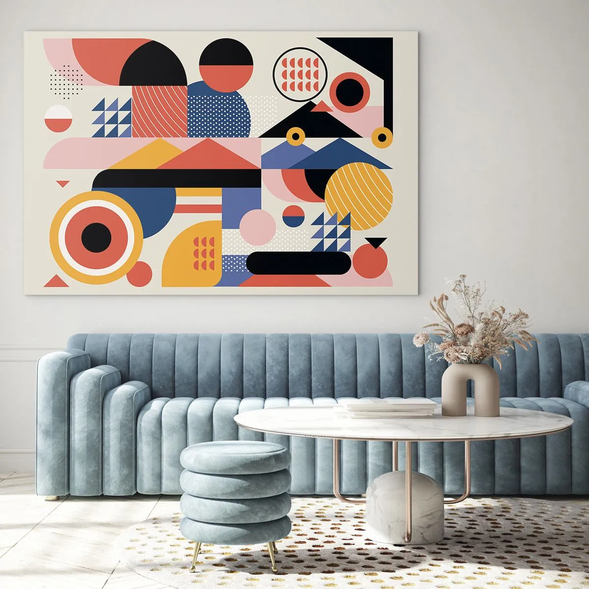 Glasbild - Bild auf glas - Bunte geometrische Abstraktion mit Kreisen und Dreiecken - 120x80cm - Komposition: Na, los, spiel! - Moderne Wanddekoration für Wohnzimmer und Schlafzimmer ARTTOR