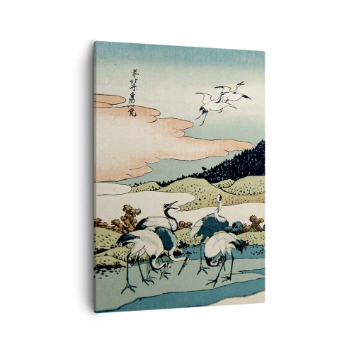 Bild auf Leinwand - Leinwandbild - Traditionelle japanische Grafik mit Bergen und Kranichen - 50x70cm - Im japanischen Geist - Moderne Wanddekoration für Wohnzimmer und Schlafzimmer ARTTOR