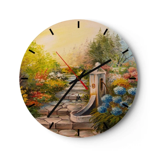 Wanduhr - Glasuhr - Ein Garten mit einem Brunnen, umgeben von bunten Blumen und Bäumen - 30x30cm - In voller Blüte - Moderne Wanddekoration für Wohnzimmer, Küche und Schlafzimmer ARTTOR