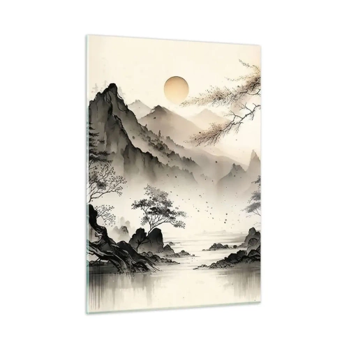 Glasbild - Bild auf glas - Orientalische Berglandschaft mit Pagode und Bäumen - 50x70cm - Einzigartiger Charme des Orients - Moderne Wanddekoration für Wohnzimmer und Schlafzimmer ARTTOR