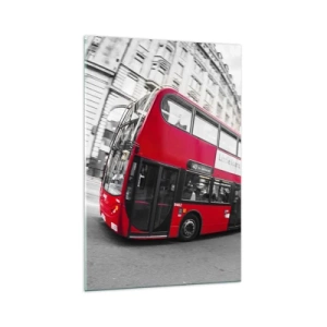 Glasbild - Bild auf glas - Ein roter Londoner Bus vor einer schwarz-weißen Straße - 70x100cm - London traditionell - mit dem Bus - Moderne Wanddekoration für Wohnzimmer und Schlafzimmer ARTTOR
