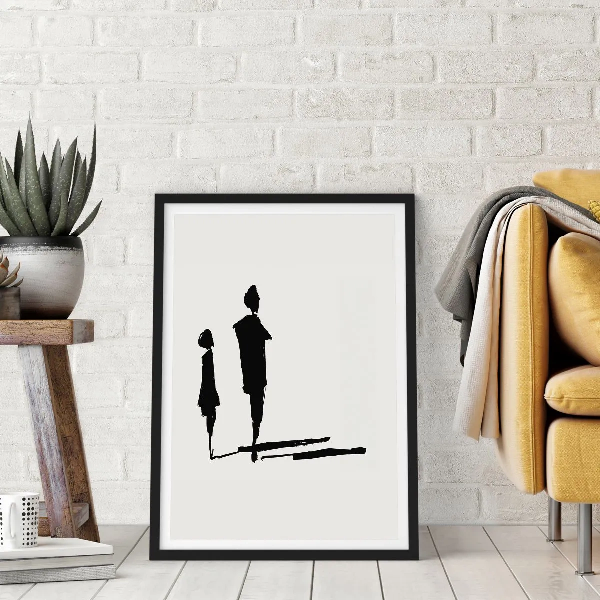 Poster in einem schwarzem Rahmen - Silhouetten zweier Figuren in Schwarz auf hellem Hintergrund - 50x70cm - Mit Sicherheit zusammen? - Moderne Wanddekoration für Wohnzimmer und Schlafzimmer ARTTOR