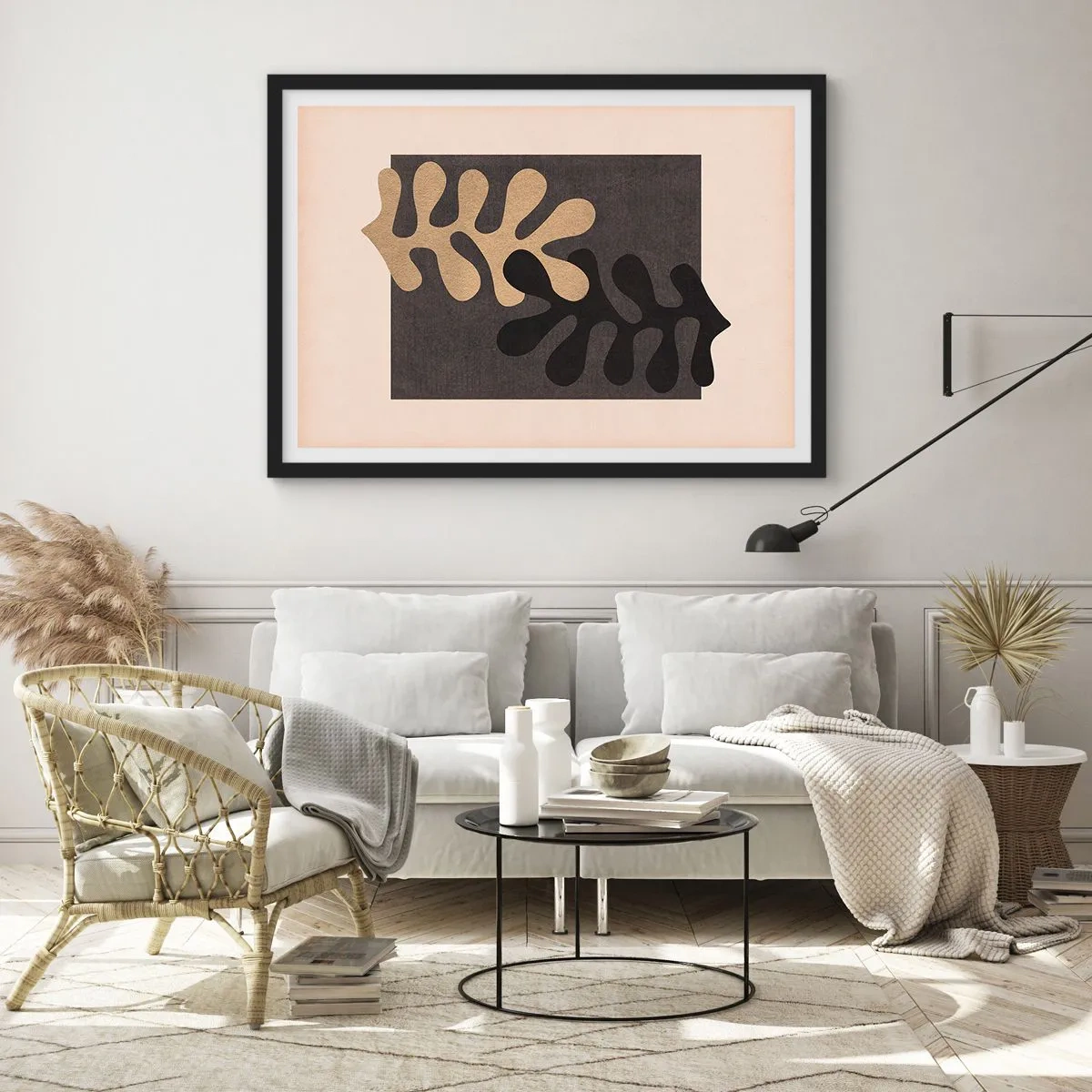 Poster in einem schwarzem Rahmen - Abstrakte Blätter in Schwarz und Beige auf rechteckigem Hintergrund - 70x50cm - Abwesenheit und Ergänzung - Moderne Wanddekoration für Wohnzimmer und Schlafzimmer ARTTOR