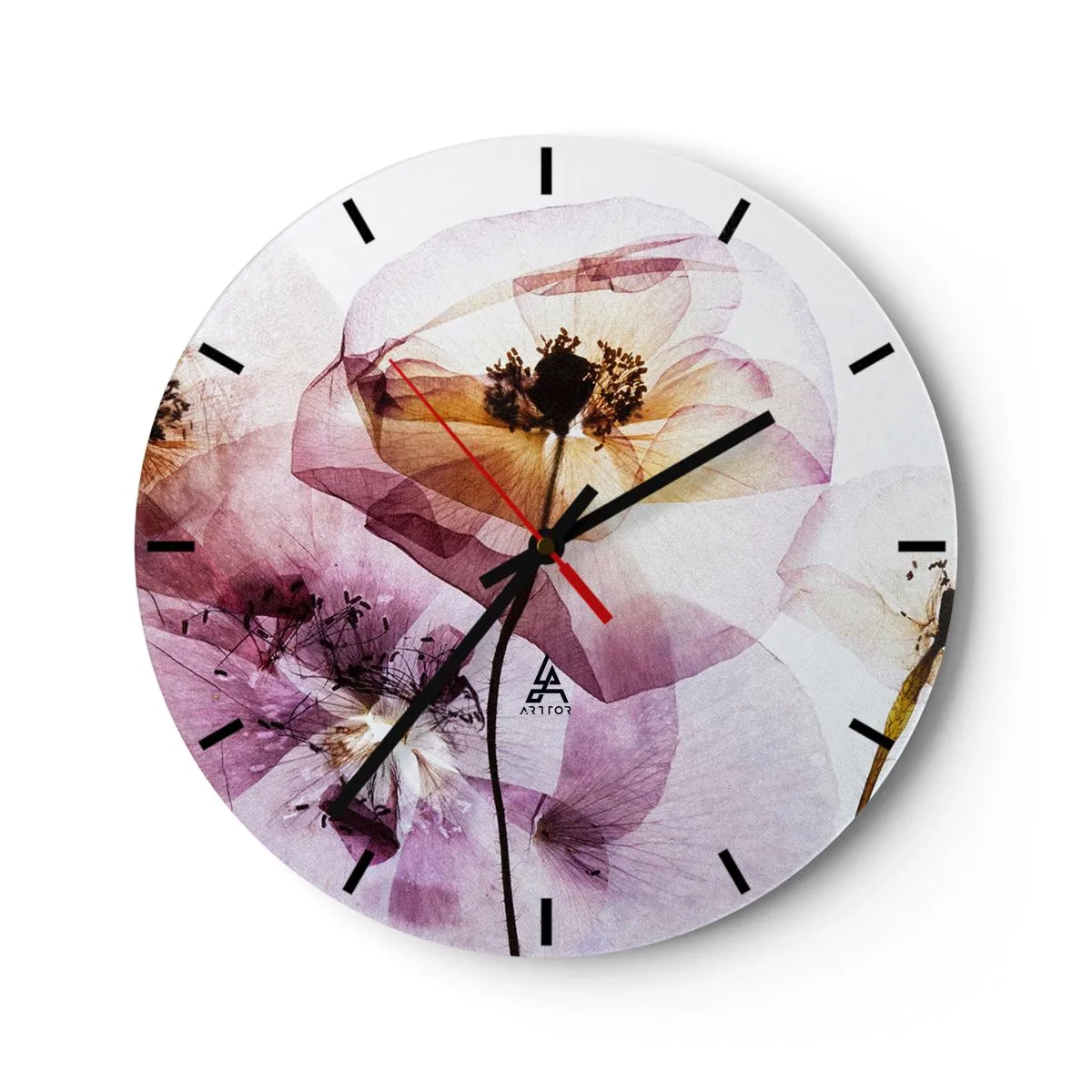 Wanduhr - Glasuhr - Zarte, transparente Blüten in Pastellfarben - 30x30cm - Transparente Körperblumen - Moderne Wanddekoration für Wohnzimmer, Küche und Schlafzimmer ARTTOR