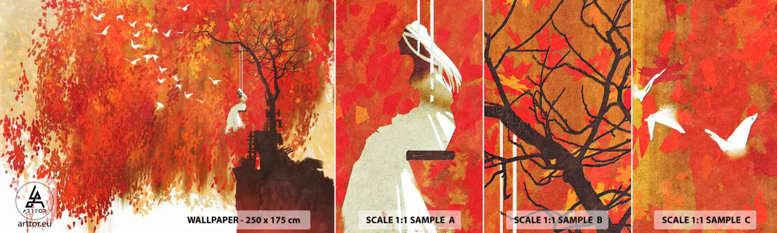 Fototapeten Muster Selbstklebend Deluxe Sticker - Wird er mit ihnen fliegen? - Abstraktion, Frau, Vögel - 100x30 cm