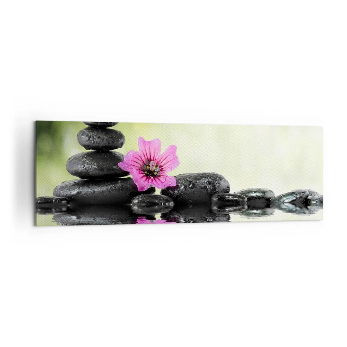 Bild auf Leinwand - Leinwandbild - Zen-Steine und eine rosa Blume spiegeln sich im Wasser - 160x50cm - Zeit für die Seele - Moderne Wanddekoration für Wohnzimmer und Schlafzimmer ARTTOR