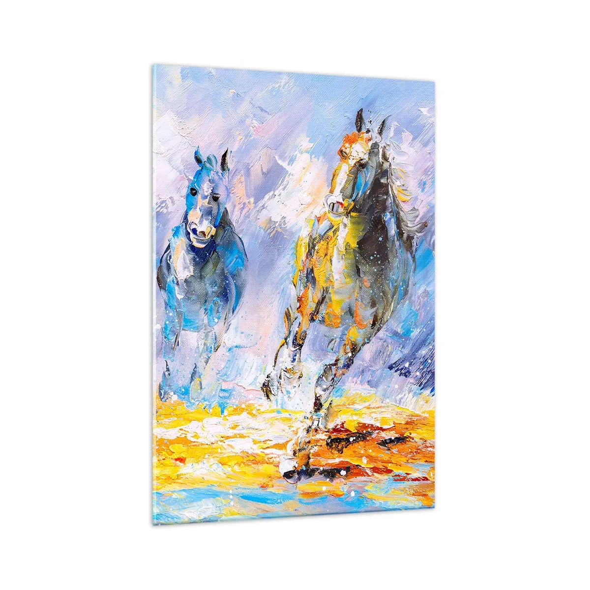 Glasbild - Bild auf glas - Zwei Pferde in Bewegung vor dem Hintergrund einer abstrakten Landschaft - 70x100cm - Galopp durch die Blendung - Moderne Wanddekoration für Wohnzimmer und Schlafzimmer ARTTOR