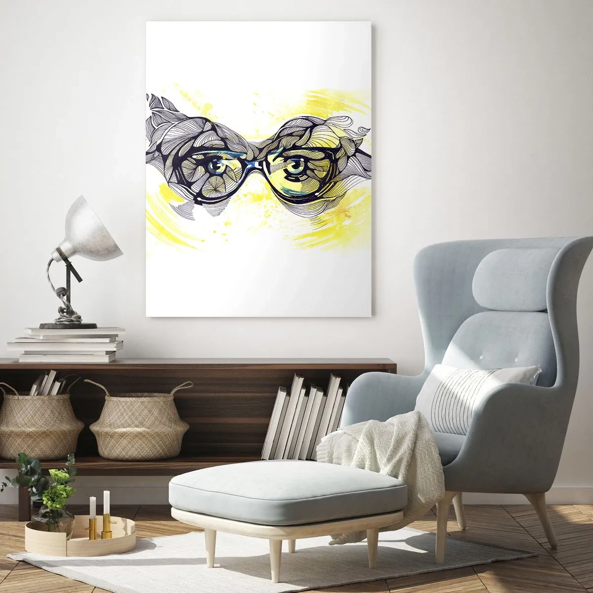 Glasbild - Bild auf glas - Brille mit kunstvollen Mustern und Augen auf gelb getöntem Hintergrund - 50x70cm - Durch blaue Brille - Moderne Wanddekoration für Wohnzimmer und Schlafzimmer ARTTOR