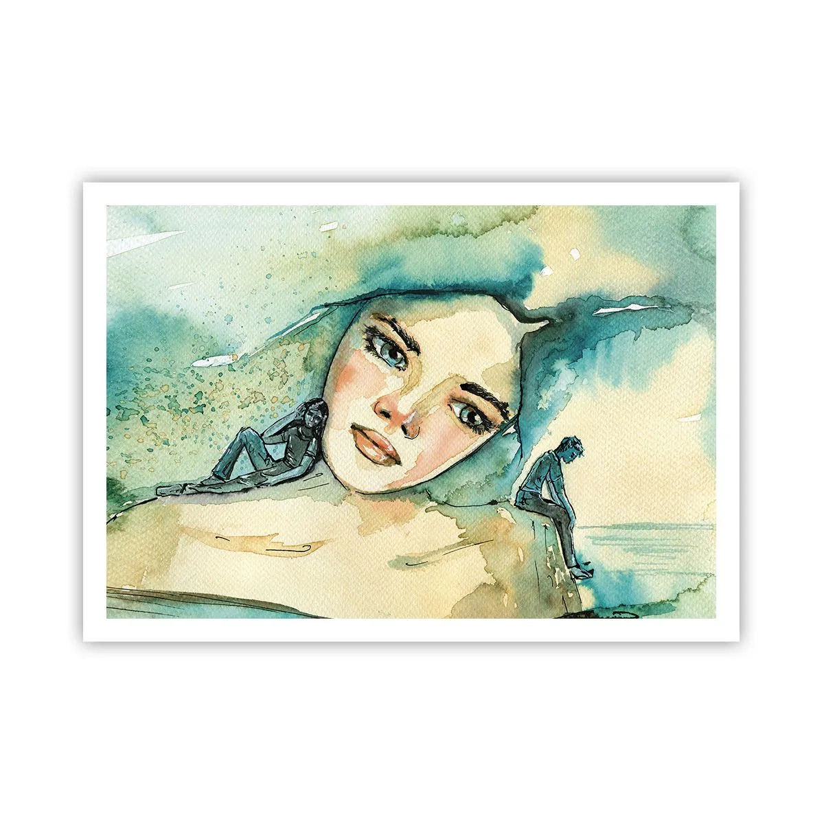 Poster - Aquarell eines Frauengesichts mit reflektierendem Motiv - 100x70cm - Bin ich blau? - Moderne Wanddekoration für Wohnzimmer und Schlafzimmer ARTTOR
