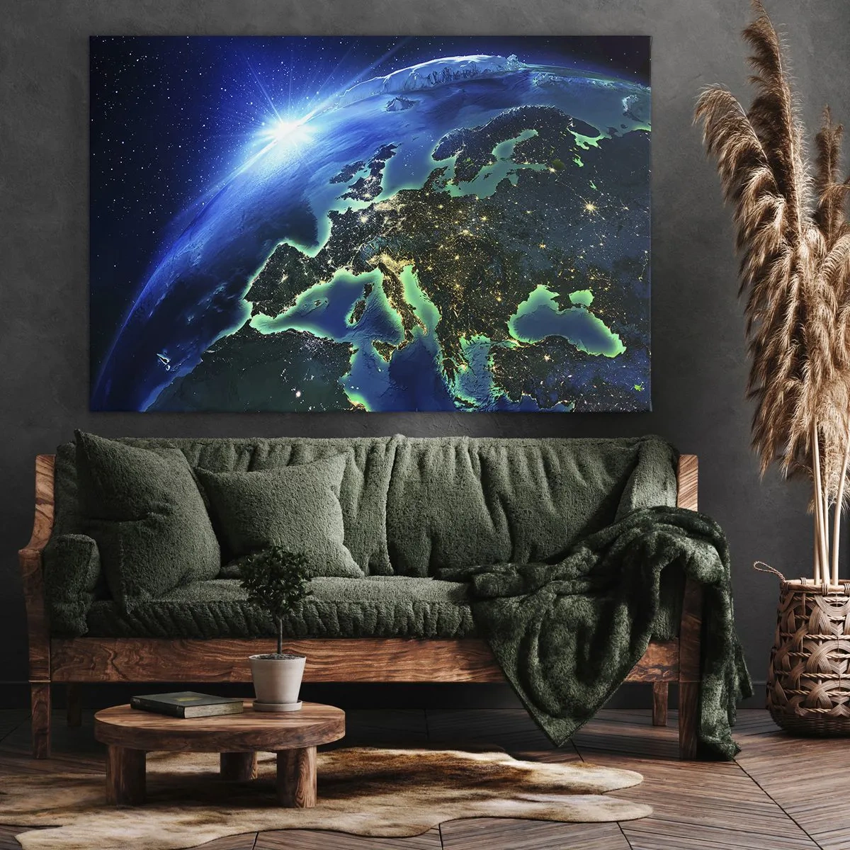 Bild auf Leinwand - Leinwandbild - Ein Blick auf Europa aus dem Weltraum im Schein der aufgehenden Sonne. - 120x80cm - Funkelndes Europa - Moderne Wanddekoration für Wohnzimmer und Schlafzimmer ARTTOR