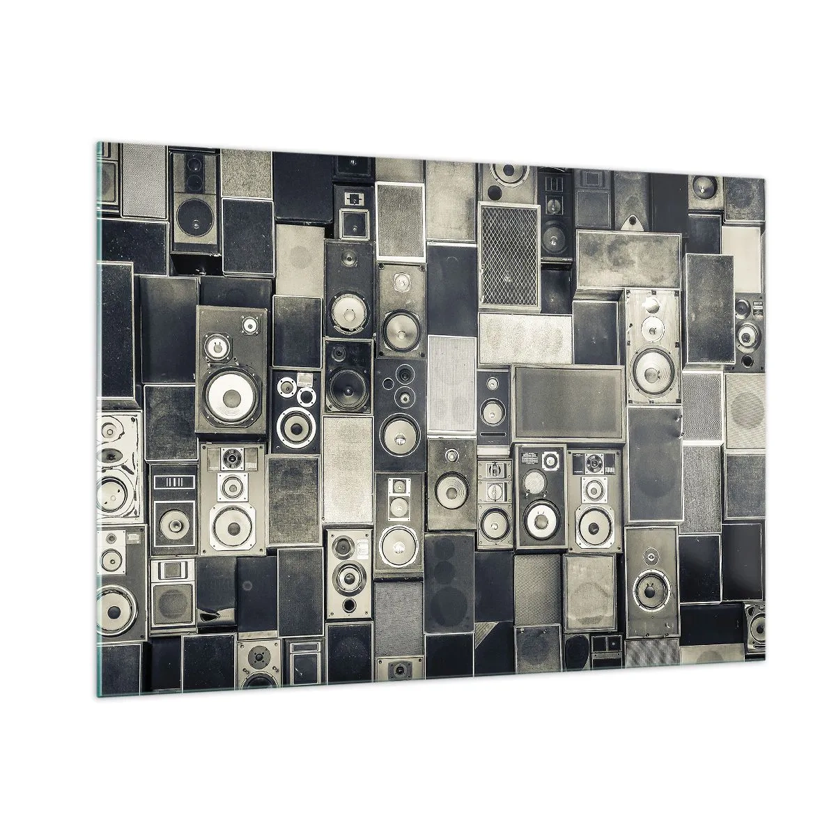 Glasbild - Bild auf glas - Eine Komposition aus Retro-Lautsprechern in Grautönen - 100x70cm - Und es ist alles in Ordnung - Moderne Wanddekoration für Wohnzimmer und Schlafzimmer ARTTOR