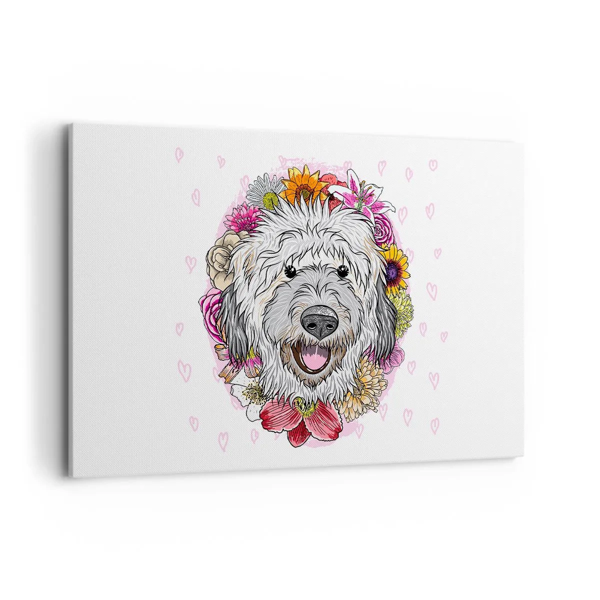 Bild auf Leinwand - Leinwandbild - Ein Hund umgeben von bunten Blumen - 120x80cm - Welpenfreude - Moderne Wanddekoration für Wohnzimmer und Schlafzimmer ARTTOR