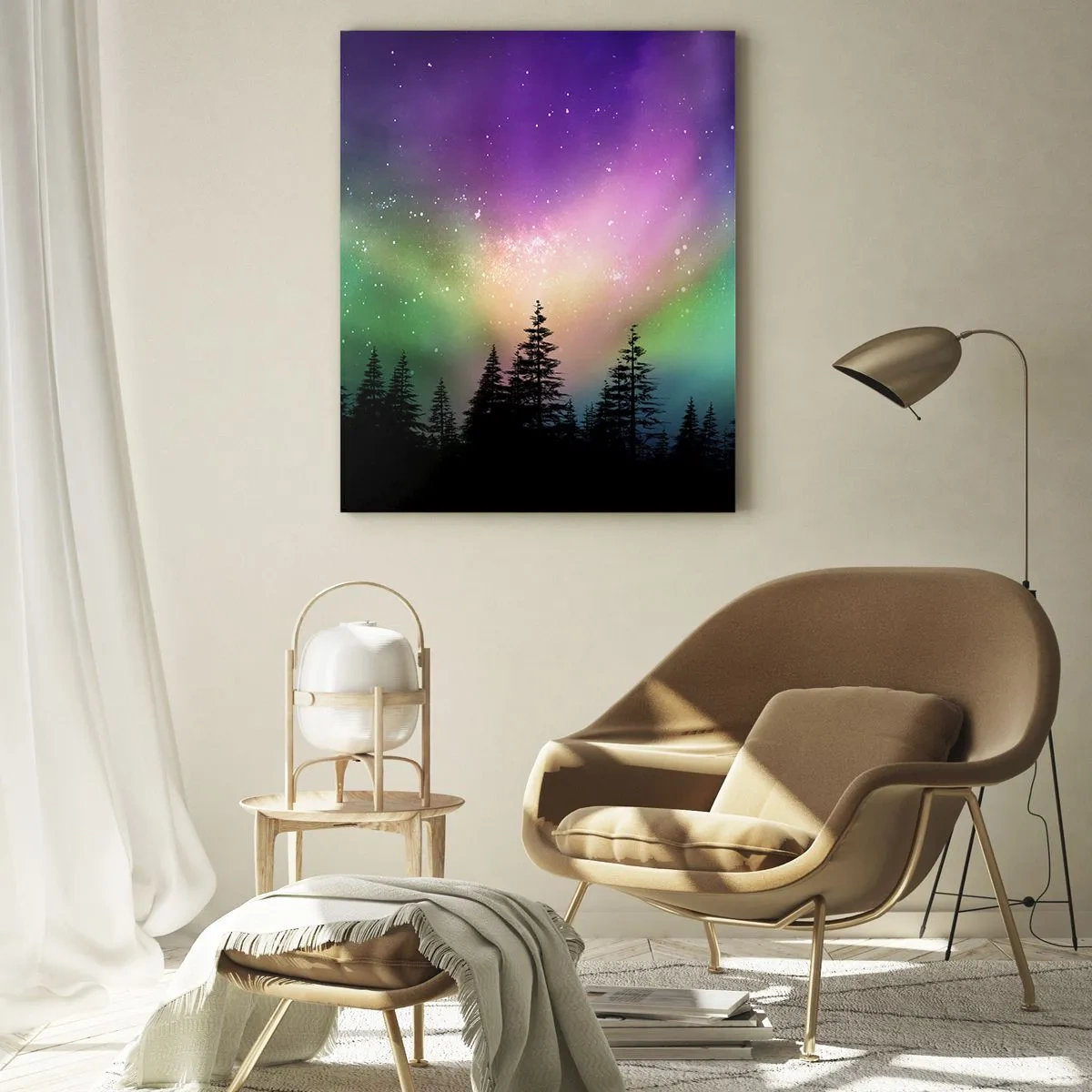Glasbild - Bild auf glas - Wald bei Nacht unter den bunten Nordlichtern - 50x70cm - weiße Magie - Moderne Wanddekoration für Wohnzimmer und Schlafzimmer ARTTOR
