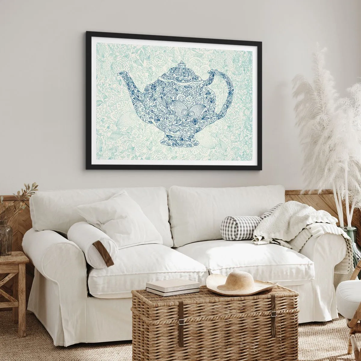 Poster in einem schwarzem Rahmen - Dekorative Zeichnung einer Teekanne mit blauen Ornamenten - 100x70cm - Tee-Charm - Moderne Wanddekoration für Wohnzimmer und Schlafzimmer ARTTOR