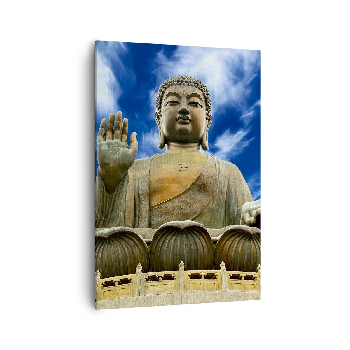 Bild auf Leinwand - Leinwandbild - Eine monumentale Buddha-Statue vor einem blauen Himmel mit Wolken - 70x100cm - Leben ohne Angst - Moderne Wanddekoration für Wohnzimmer und Schlafzimmer ARTTOR