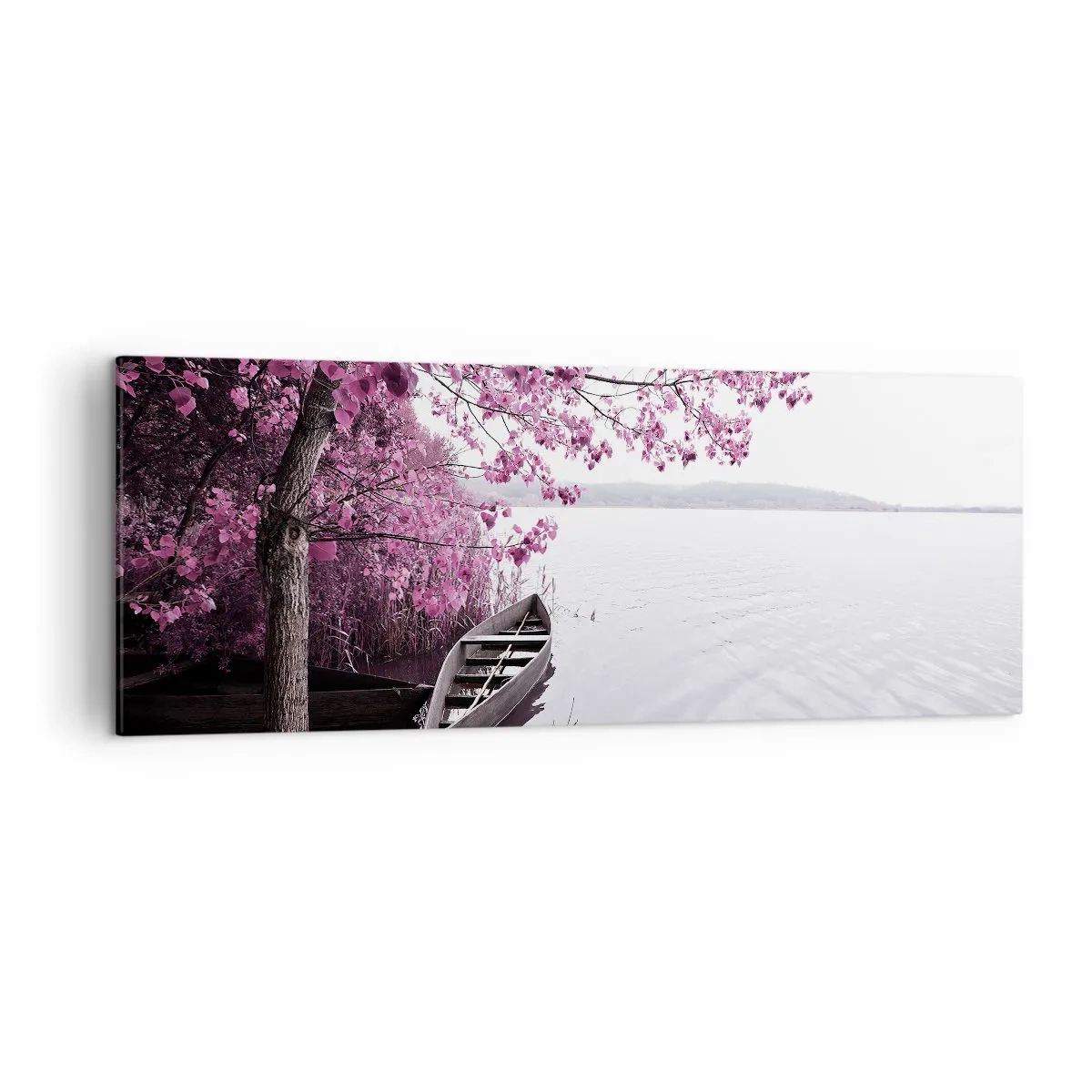 Bild auf Leinwand - Leinwandbild - Ein Boot am Ufer eines Sees zwischen rosa Bäumen - 140x50cm - In rosa Stille - Moderne Wanddekoration für Wohnzimmer und Schlafzimmer ARTTOR