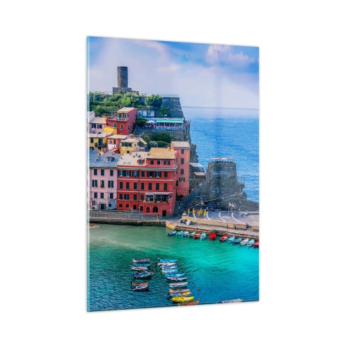 Glasbild - Bild auf glas - Eine farbenfrohe Mittelmeerstadt am blauen Meer - 50x70cm - Mediterrane Zauberstadt - Moderne Wanddekoration für Wohnzimmer und Schlafzimmer ARTTOR