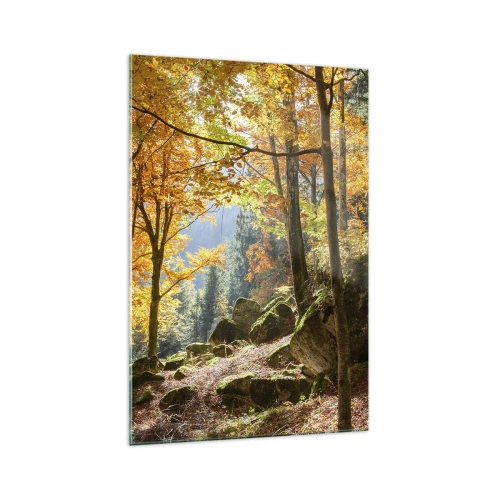Glasbild - Bild auf glas - Ein Herbstwald voller goldener Blätter und Sonnenlicht - 70x100cm - Zeit zum Entspannen - Moderne Wanddekoration für Wohnzimmer und Schlafzimmer ARTTOR