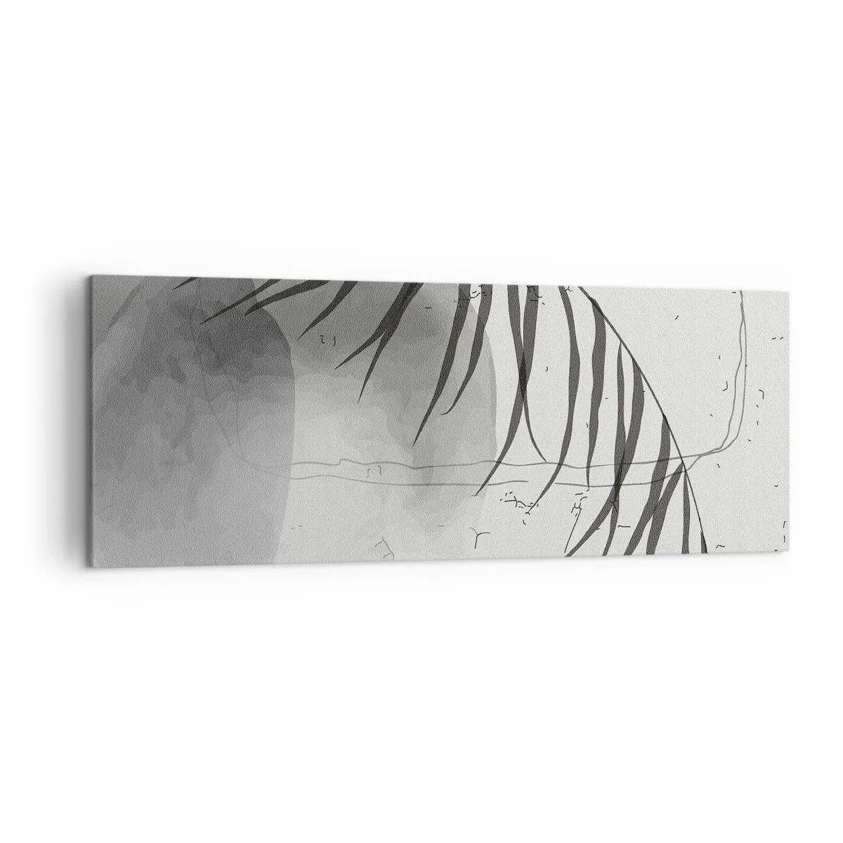Bild auf Leinwand - Leinwandbild - Ein zartes Palmblattmotiv auf hellem Untergrund im skandinavischen Stil. - 140x50cm - Subtile Exotik der Natur - Moderne Wanddekoration für Wohnzimmer und Schlafzimmer ARTTOR
