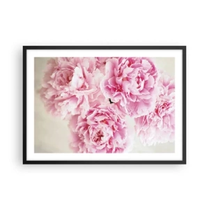 Poster in einem schwarzem Rahmen - Ein Strauß rosa Pfingstrosen auf hellem Hintergrund - 70x50cm - In rosa Glamour - Moderne Wanddekoration für Wohnzimmer und Schlafzimmer ARTTOR