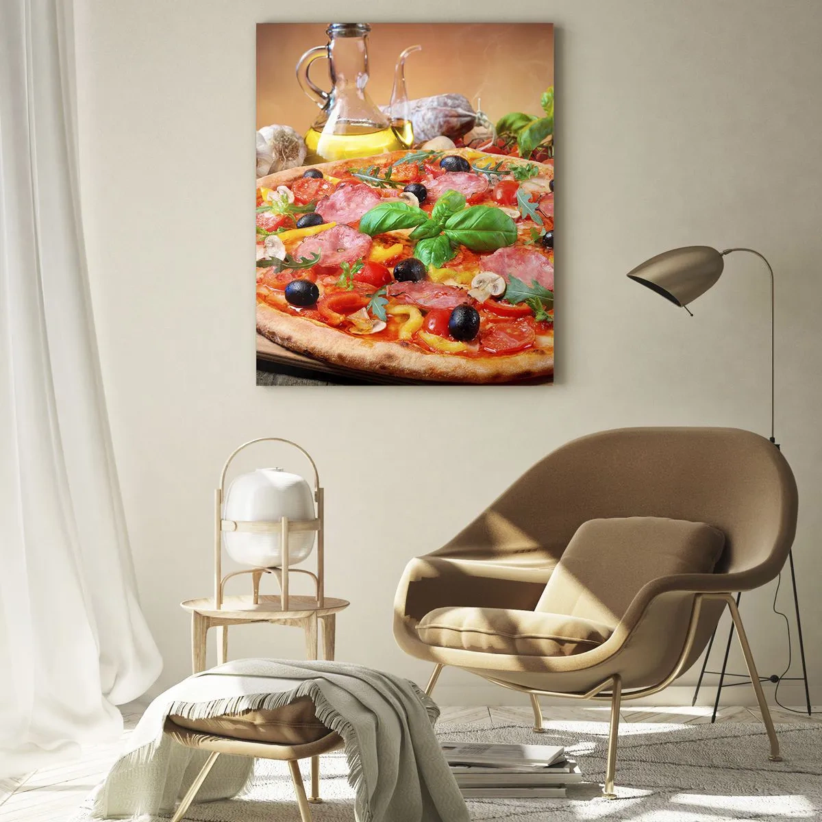 Glasbild - Bild auf glas - Appetitliche Pizza auf einem Holztisch mit Belag - 80x120cm - Mit echtem italienischem Flair - Moderne Wanddekoration für Wohnzimmer und Schlafzimmer ARTTOR