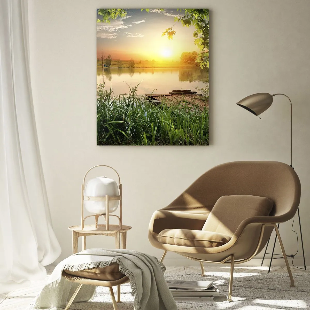 Glasbild - Bild auf glas - Grüne Landschaft mit einem See bei Sonnenuntergang - 70x100cm - Landschaft in einem grünen Rahmen - Moderne Wanddekoration für Wohnzimmer und Schlafzimmer ARTTOR