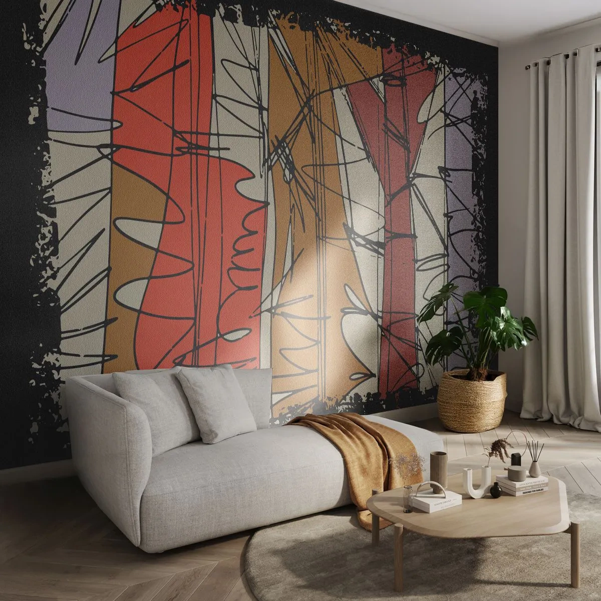 Fototapete Premium Sand - Grafische Baumstämme in leuchtenden Herbstfarben - 100x70cm - Spontane Komposition - Moderne Wanddekoration für Wohnzimmer und Schlafzimmer ARTTOR