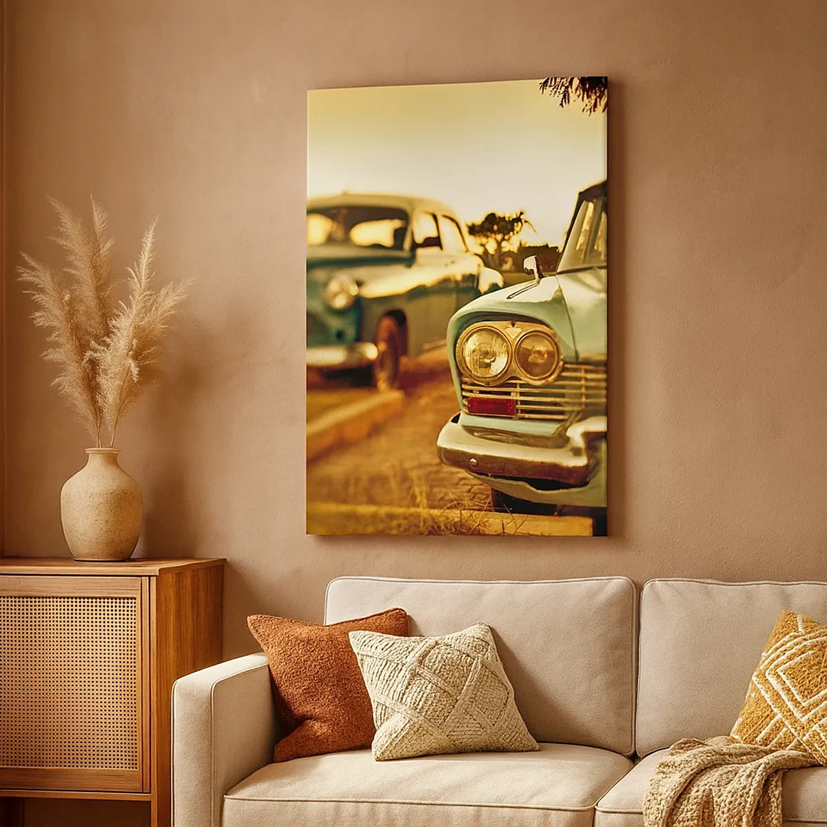 Bild auf Leinwand - Leinwandbild - Oldtimer im warmen Licht des Sonnenuntergangs - 50x70cm - Wir werden abwarten und sehen - Moderne Wanddekoration für Wohnzimmer und Schlafzimmer ARTTOR