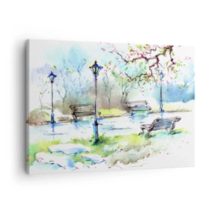 Bild auf Leinwand - Leinwandbild - Aquarell-Parkszene mit Bänken und Lampen - 70x50cm - Der Zauber der Stille des Parks - Moderne Wanddekoration für Wohnzimmer und Schlafzimmer ARTTOR