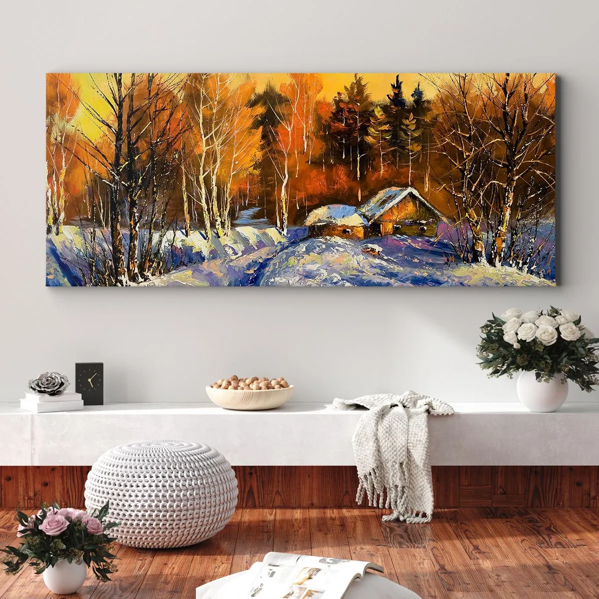 Bild auf Leinwand - Leinwandbild - Winterlandschaft mit einem Haus im Licht der untergehenden Sonne - 120x50cm - Wintereindruck in der Sonne - Moderne Wanddekoration für Wohnzimmer und Schlafzimmer ARTTOR