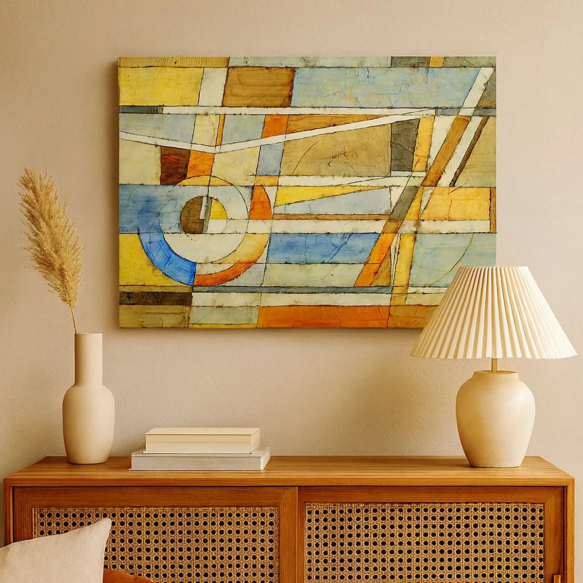 Bild auf Leinwand - Leinwandbild - Geometrische Abstraktion in Beige-, Blau- und Orangetönen - 70x50cm - Kubismus auf der Baustelle - Moderne Wanddekoration für Wohnzimmer und Schlafzimmer ARTTOR