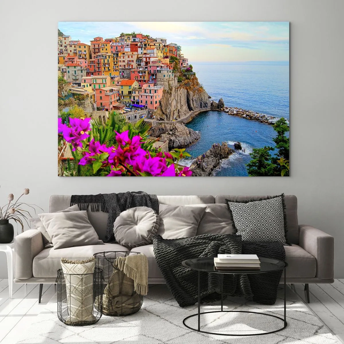 Glasbild - Bild auf glas - Bunte Häuser auf einer Klippe mit Blick auf das Meer - 70x50cm - Lachende Stadt - Moderne Wanddekoration für Wohnzimmer und Schlafzimmer ARTTOR