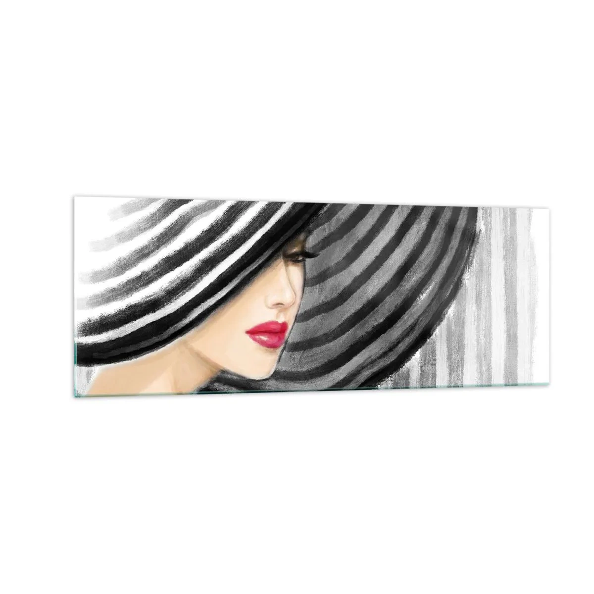 Glasbild - Bild auf glas - Frau trägt einen schwarz-weißen Hut mit rotem Akzent - 140x50cm - Wo soll ich dich finden? - Moderne Wanddekoration für Wohnzimmer und Schlafzimmer ARTTOR