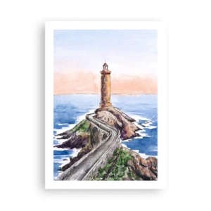 Poster - Aquarell-Illustration eines Leuchtturms an einer felsigen Küste - 50x70cm - Dem Meer zugewandt - Moderne Wanddekoration für Wohnzimmer und Schlafzimmer ARTTOR