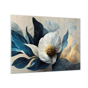 Glasbild - Bild auf glas - Ein weißes Blumenarrangement mit marineblauen Blättern und einer goldenen Mitte - 70x50cm - Er hat ein Herz aus Gold - Moderne Wanddekoration für Wohnzimmer und Schlafzimmer ARTTOR