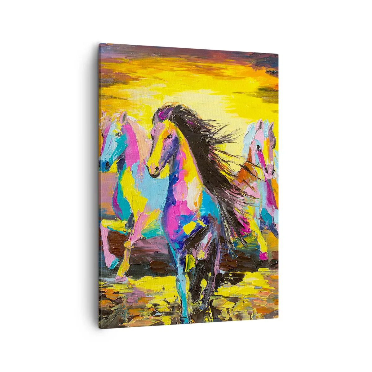 Bild auf Leinwand - Leinwandbild - Bunte Pferde galoppieren vor dem Hintergrund der untergehenden Sonne - 50x70cm - Eingetaucht in den Regenbogen - Moderne Wanddekoration für Wohnzimmer und Schlafzimmer ARTTOR