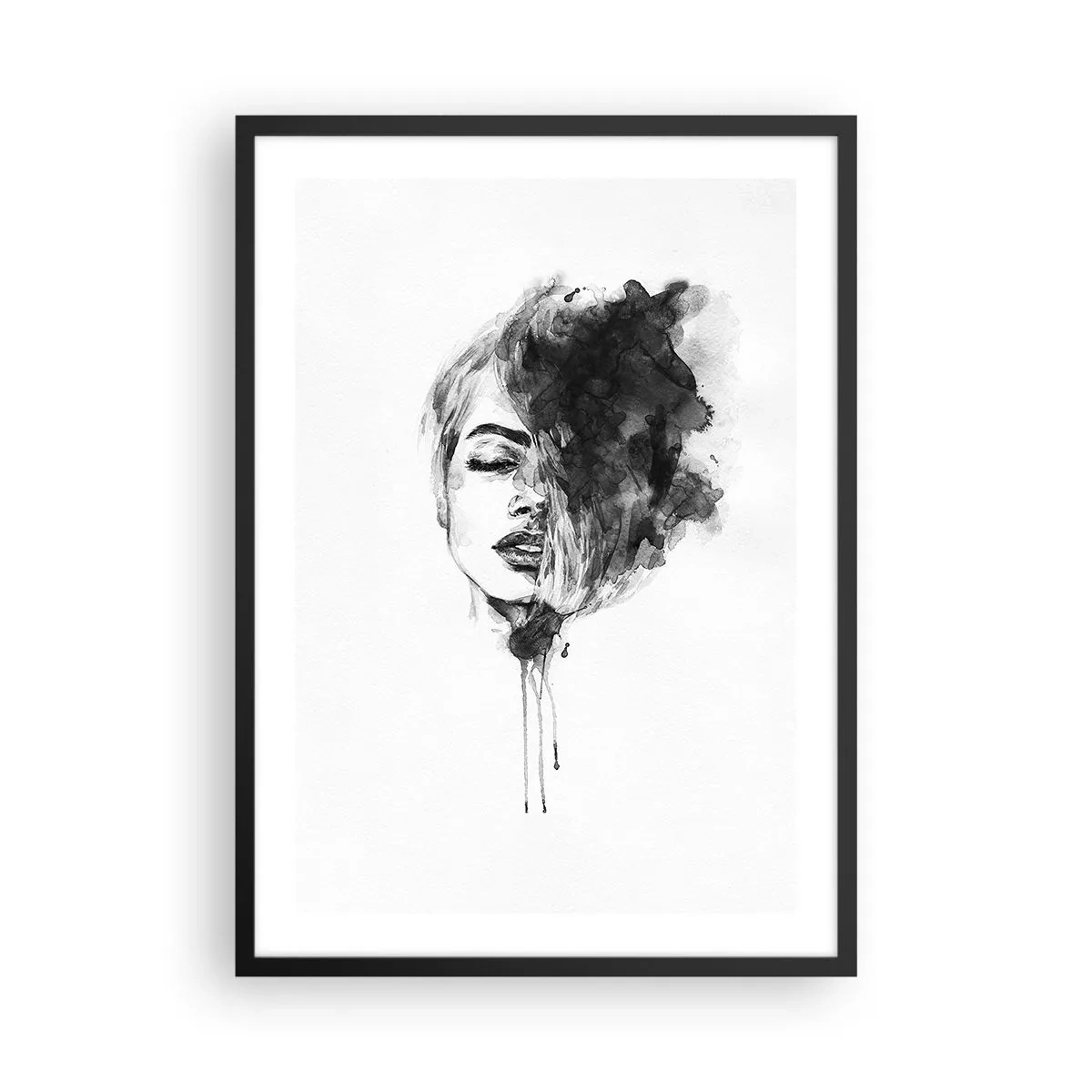 Poster in einem schwarzem Rahmen - Porträt einer Frau in Schwarz-Weiß-Aquarell - 50x70cm - Wovon träumt das Mädchen - Moderne Wanddekoration für Wohnzimmer und Schlafzimmer ARTTOR
