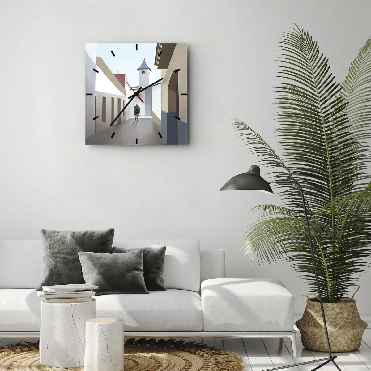 Wanduhr - Glasuhr - Eine minimalistische Straße mit der Silhouette eines Mannes im Hintergrund - 30x30cm - Sonniger Spaziergang - Moderne Wanddekoration für Wohnzimmer und Schlafzimmer ARTTOR