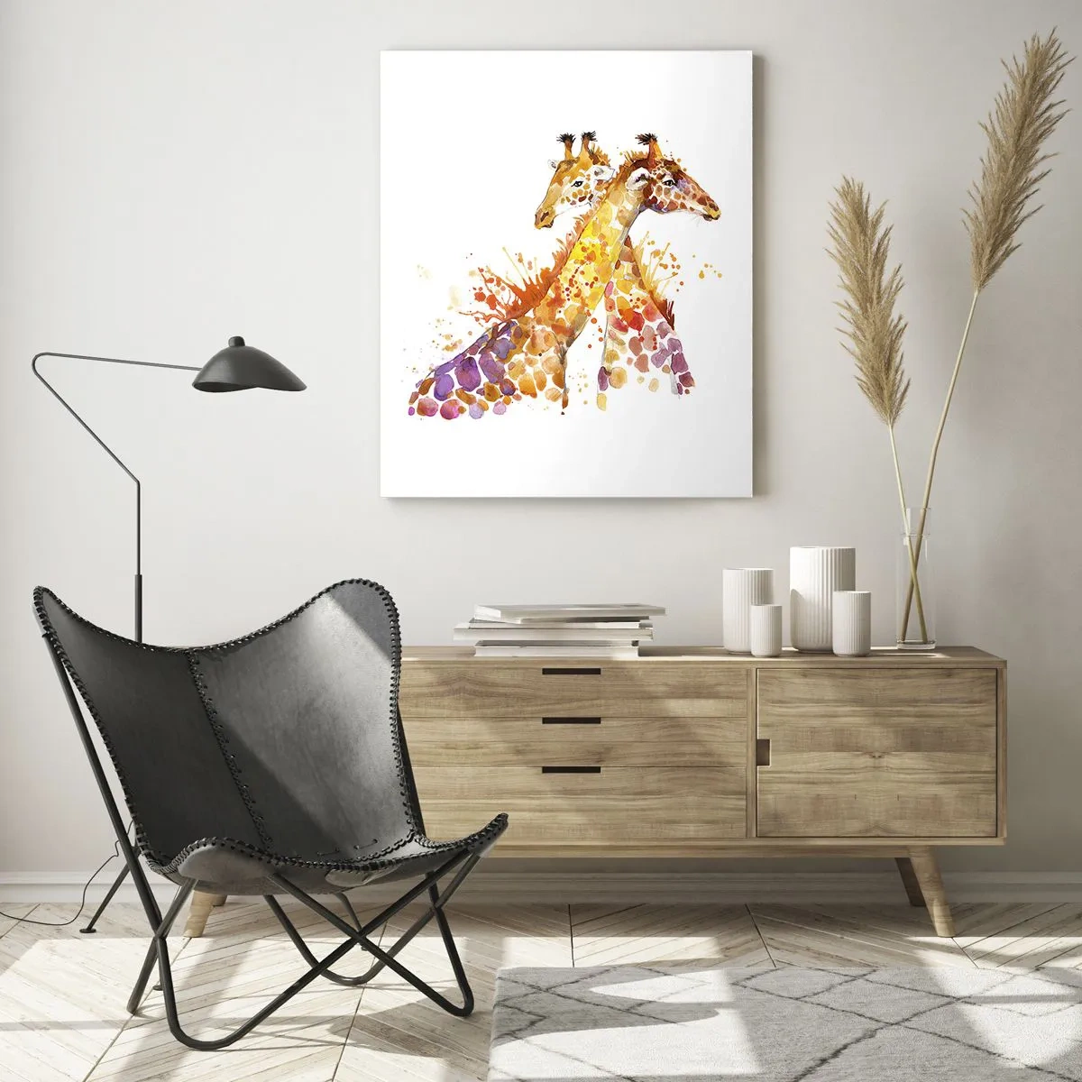 Glasbild - Bild auf glas - Aquarell Giraffen in bunten Farbtönen - 80x120cm - Ist es Freundschaft oder ist es Baby? - Moderne Wanddekoration für Wohnzimmer und Schlafzimmer ARTTOR