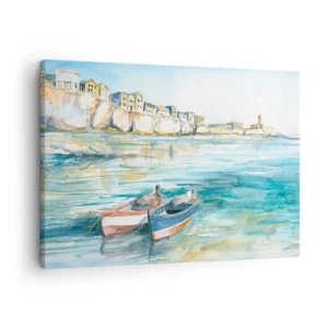 Bild auf Leinwand - Leinwandbild - Eine malerische Küstenlandschaft mit Booten auf dem Wasser - 70x50cm - Landschaft in Azurblau - Moderne Wanddekoration für Wohnzimmer und Schlafzimmer ARTTOR