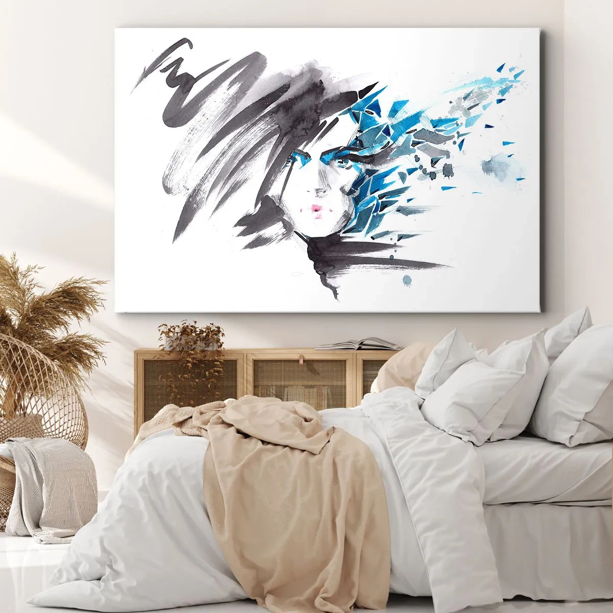 Bild auf Leinwand - Leinwandbild - Künstlerische Aquarell-Gesichtsbemalung mit blauen Akzenten - 120x80cm - Sinnliches Portrait in Grau und Blau - Moderne Wanddekoration für Wohnzimmer und Schlafzimmer ARTTOR