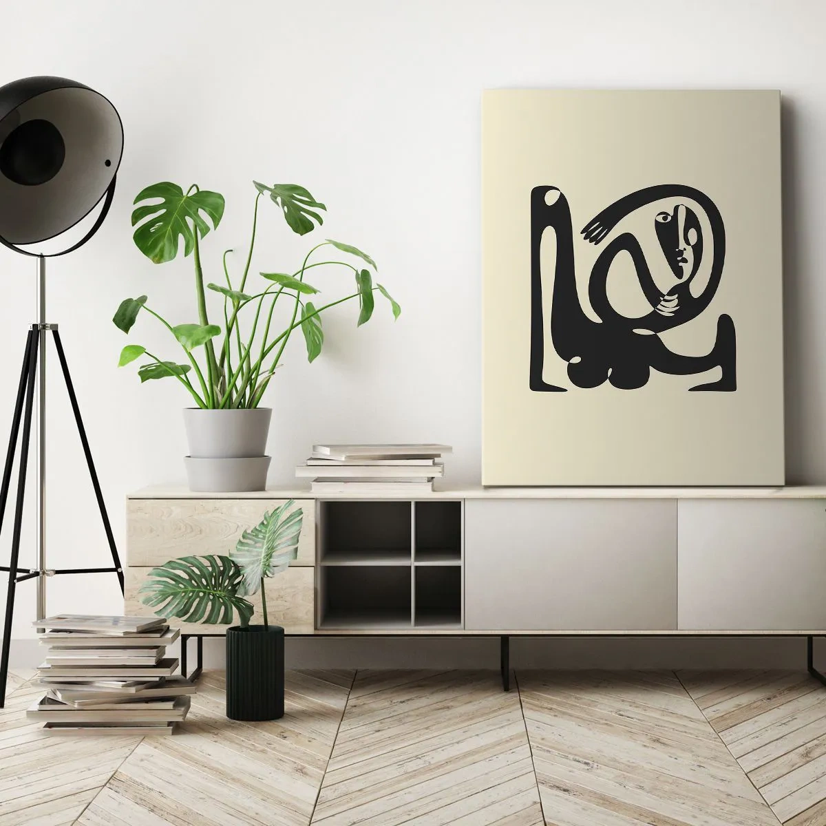 Bild auf Leinwand - Leinwandbild - Eine abstrakte Figur in Schwarz auf beigem Hintergrund - 50x70cm - Fast wie Picasso - Moderne Wanddekoration für Wohnzimmer und Schlafzimmer ARTTOR